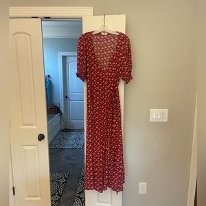 Red Floral Midi Wrap Dress